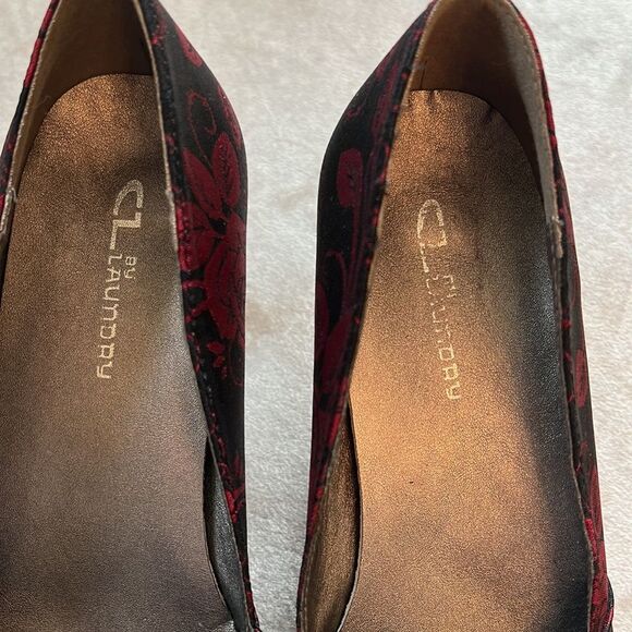 CL Chines Laundry Ted Blk Floral Fabric Print Granny Short Heels Sz 8.5 / 39 - Picture 5 of 10